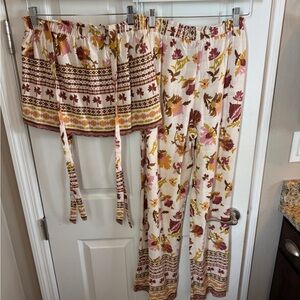 Good Luck Gem Floral Top and Pants Set - Pink, Brown, Yellow